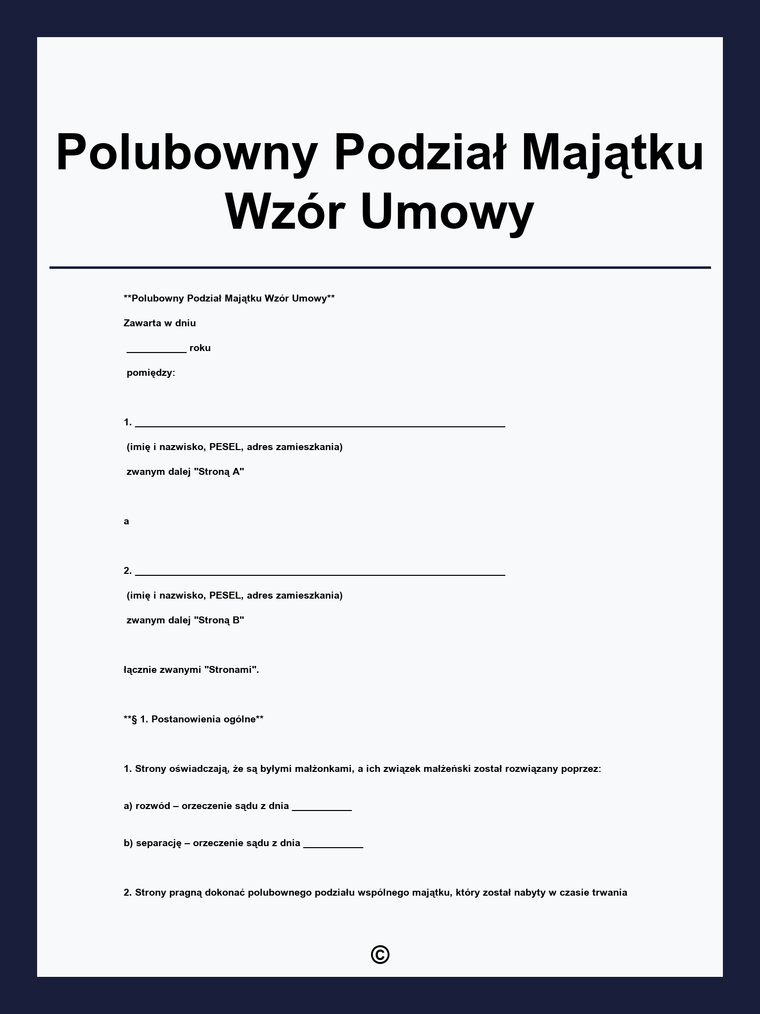 Polubowny Podział Majątku Wzór Umowy