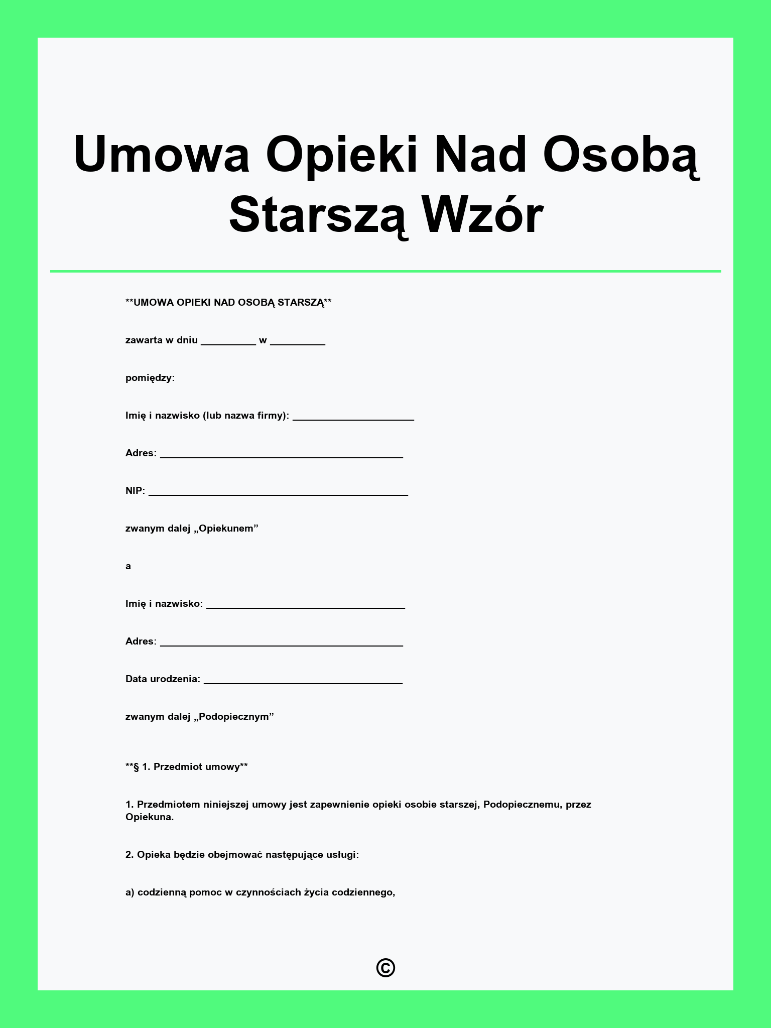 Umowa Opieki Nad Osobą Starszą Wzór