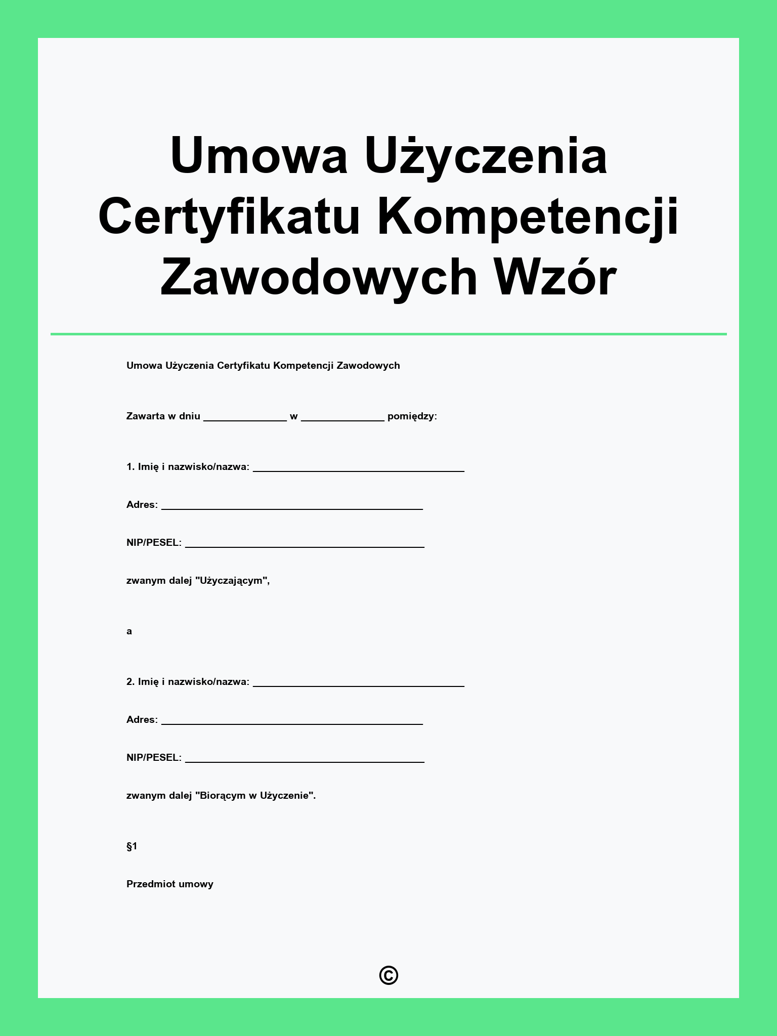 Umowa Użyczenia Certyfikatu Kompetencji Zawodowych Wzór