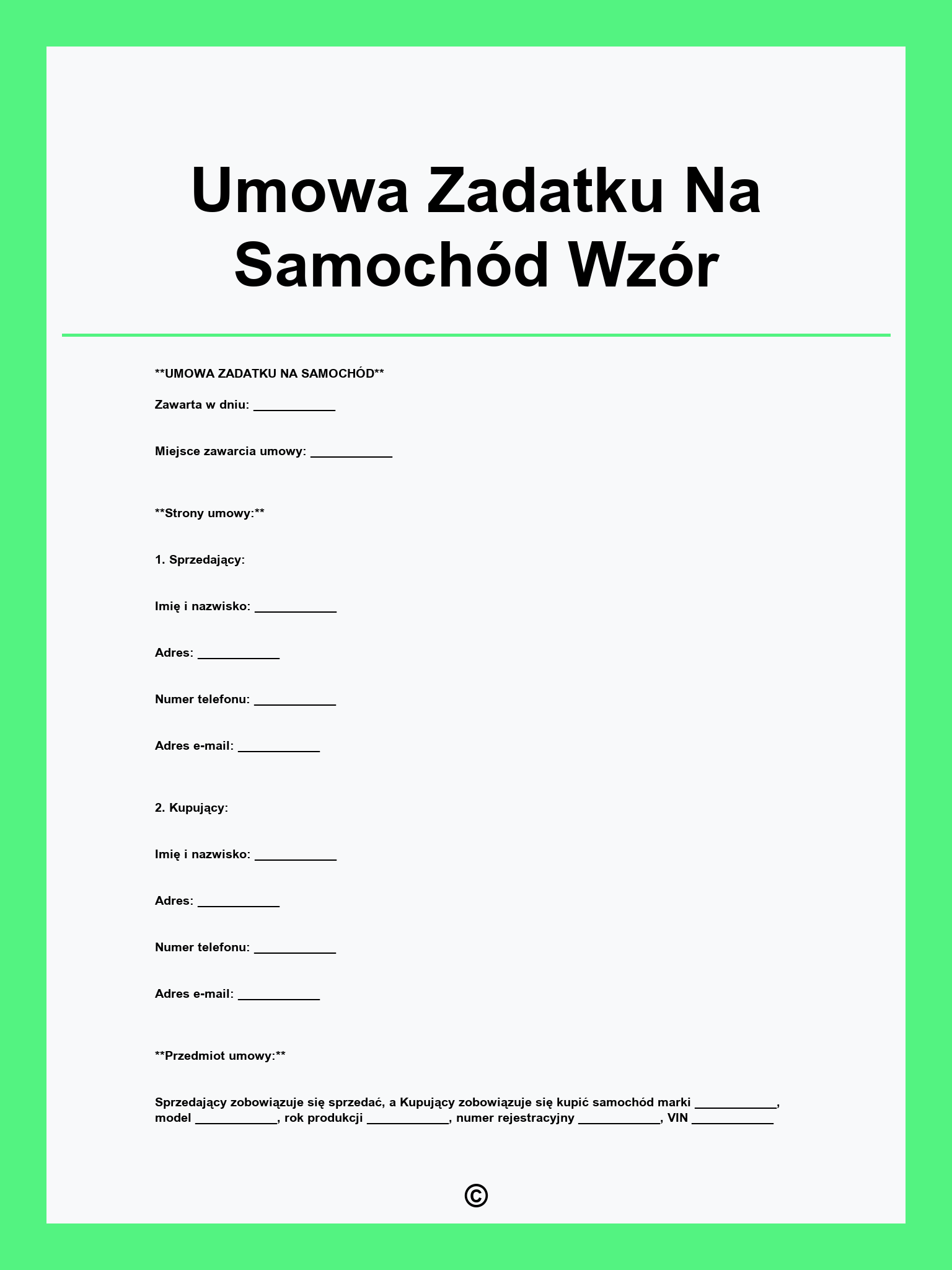 Umowa Zadatku Na Samochód Wzór
