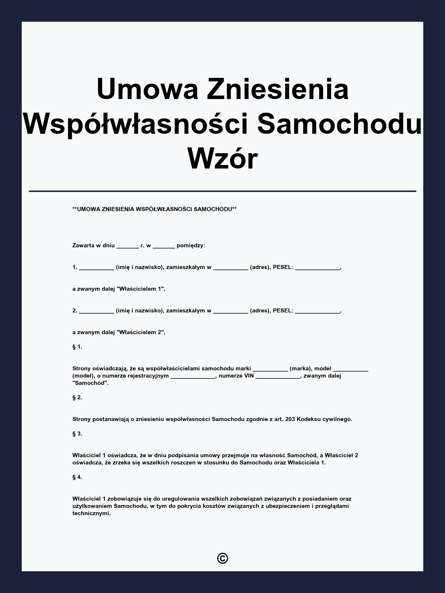 Umowa Zniesienia Współwłasności Samochodu Wzór