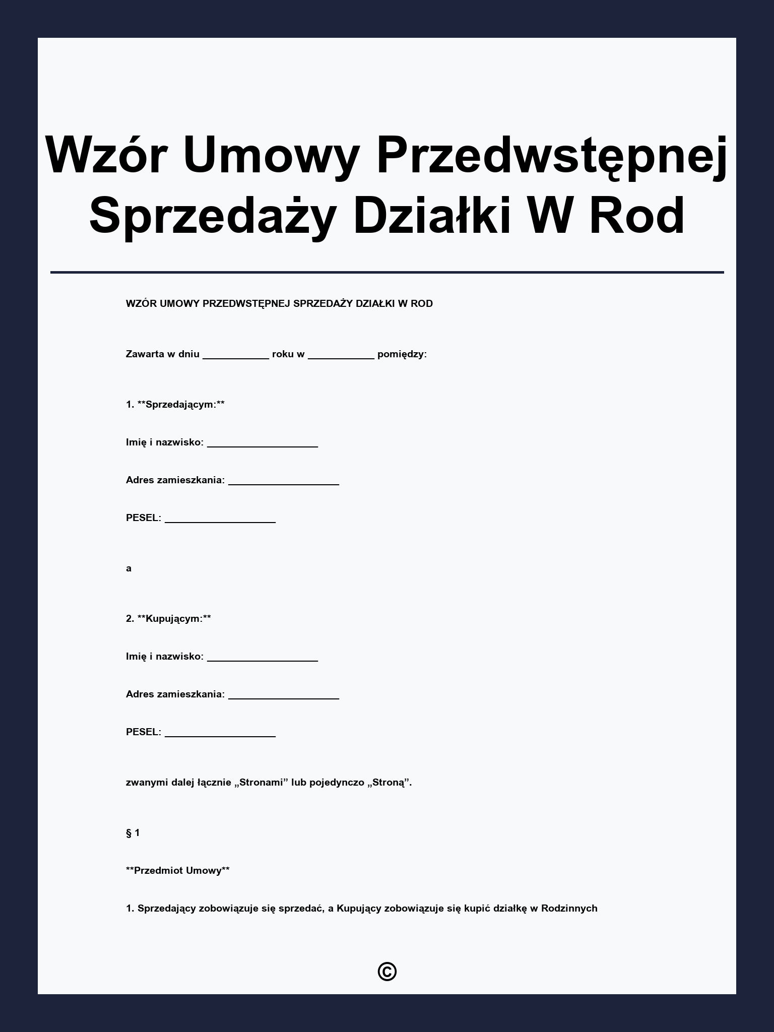 Wzór Umowy Przedwstępnej Sprzedaży Działki W Rod